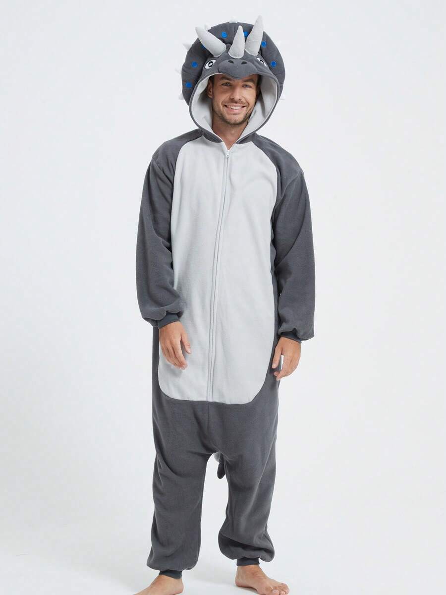 Triceratops Adult Men's Cartoon Zipper One-Piece Pajamas Autumn And Winter Thickened Animal One-Piece Pajamas Hooded Warm Home Clothes Halloween Costume Christmas Role Play Party Costume - 深灰色 - 查看 1