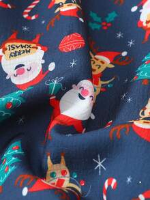 Women's Christmas Santa Claus Print Lapel Button Short Sleeve Top And Bow Shorts Pajama Set, Suitable For Christmas Home Use, Spring/Summer - Màu xanh lam - Xem 8