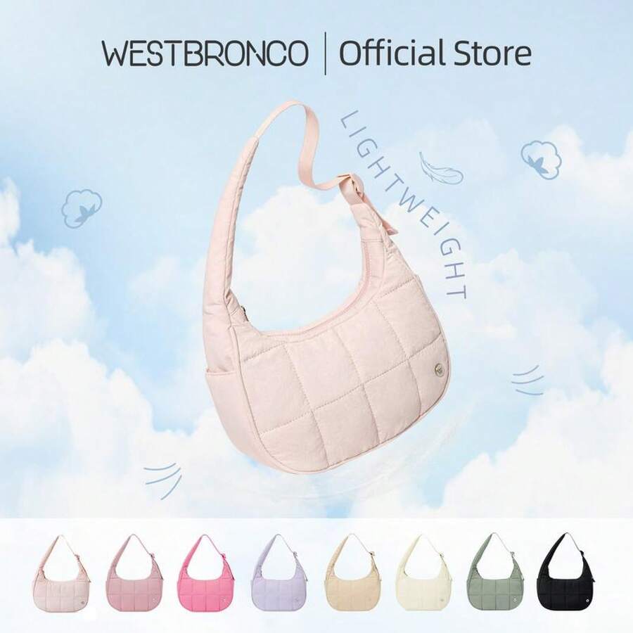 WESTBRONCO Backtoschool Small Puffer Crescent Shoulder K12 FASHION Bag Quilted Women Purse Nylon Waterproof Slim Cans For Gym Travel  Summmer Outdoor TikTokShopBacktoSchool - 黑色 - 查看 1