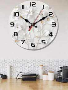 1 Pc 10 Inch/12 Inch Modern Silent Wall Clock, Elegant White Floral And Gold Leaf Design - Wood Finish, Large Numbers, Black Hands - Perfect For Living Room, Bedroom, Kitchen, Office Decor - Ideal Valentine's Day, New Year Or Birthday Gift Home Decor Room Decor - Multicolor - View 2