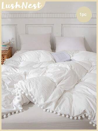 白色床上用品 绒球羽绒被套 波西米亚风农舍床上用品 1 件绒球装饰白色被套 柔软超细纤维羽绒被套 适合男孩女孩 1 件羽绒被套（无被子）