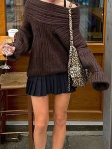 女士纯色露肩休闲套头冬季毛衣