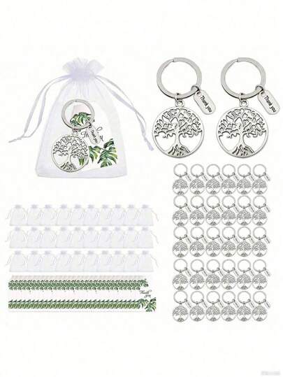 10/20/30pcs/Set Tree Of Life Keychain Gift SetsIncluding Green Leaf Thank-You Cards, White Organza Bags, And Tree Of Life Keychains.Affordable Party Favors Perfect For Back-To-School Season, Thanksgiving, Christmas, And Teacher's Day.