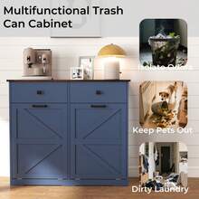 Farmhouse Blue Double Tilt Out Trash Cabinet For 20 Gallon Trash Cans, Free Standing Recycling Cabinet With Hideaway Drawer, Barn Door Style Laundry Sorter Cabinet, Tilt Out Trash Cabinet For Kitchen    RR