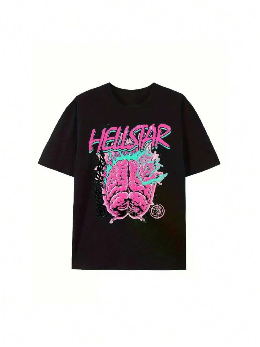 100% Cotton  graphic tees [Hip Hop Graphic Tee] Retro Hip-Hop  Men's Hellstar Graphic Cotton Tee - Soft &amp; Breathable, 100% Cotton, Vibrant Print Design, Crew Neck, Short Sleeve Summer Shirt Casual Fabric Menswear Streetwear - Negro - Ver 1