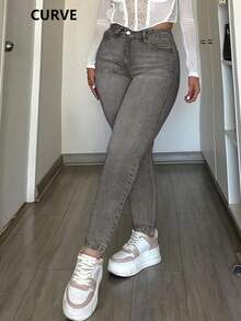 Plus Size Women's Denim Stretch Fashionable Long Pants - Xám - Xem 4