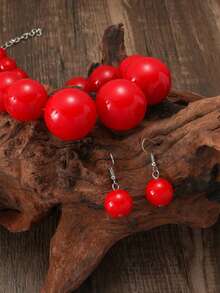 3pcs/Set Minimalist Style Red Beaded Necklace & Earrings Jewelry Set, Suitable For Women's Daily Wear - Set - View 3
