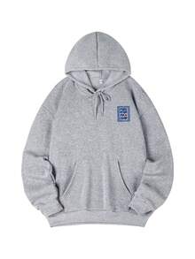 女士冬季字母印花长袖抽绳卫衣，带口袋，休闲宽松多功能节日风格上衣，秋季女装，冬季女装时尚，适合日常穿着。 - 深花灰 - 查看 5