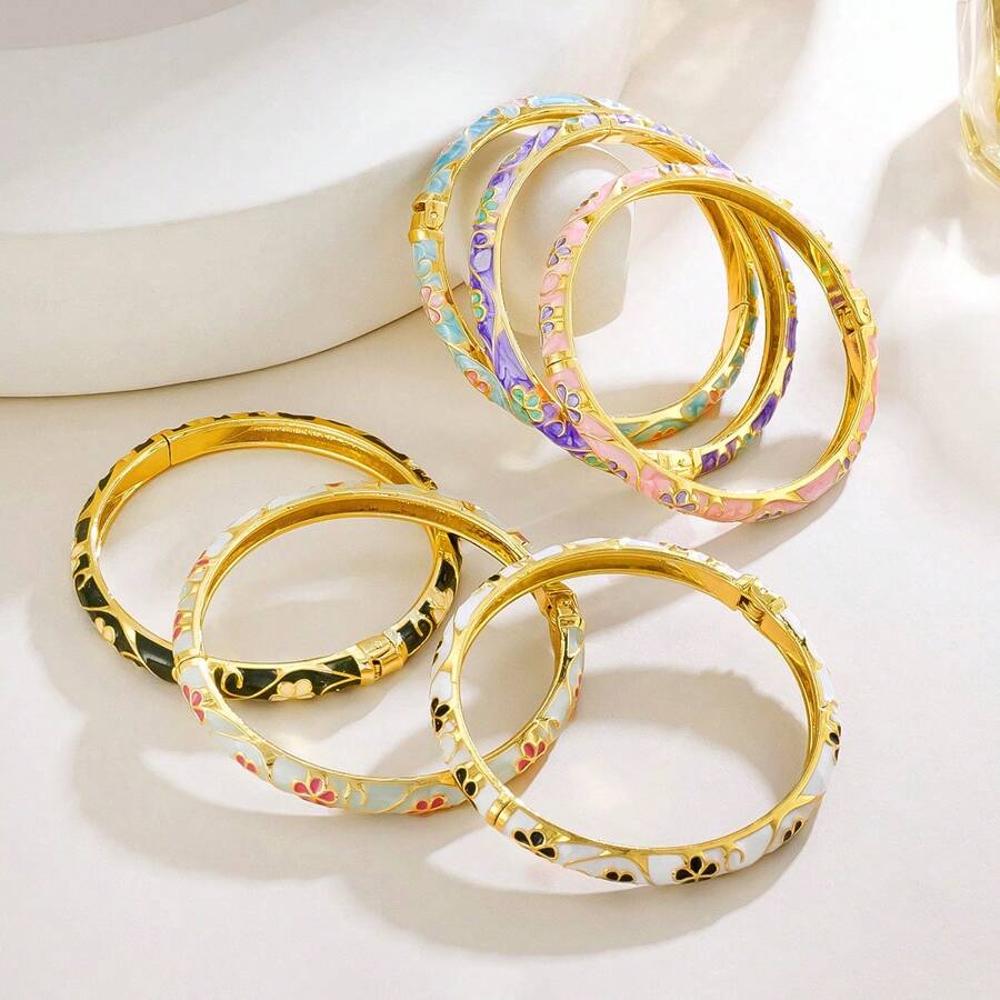 1pc Fashionable New Bohemian Style Gold-Plated Cloisonne Enamel Bracelet Jewelry, Suitable For Girls And Women - Round - View 1