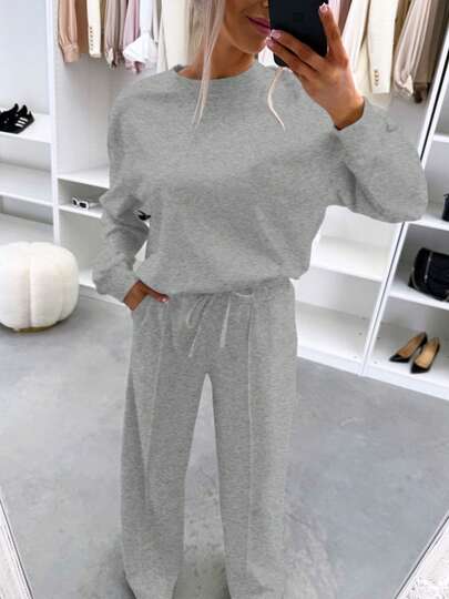 2pcs Women's Casual Loungewear Set - Gray Crew Neck Long Sleeve Top + Elastic Waist Pleated Wide Leg Pants, Quick Ship Spring