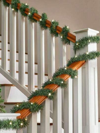 1 套圣诞装饰发光绿色金属丝花环，金属箔流苏花环用于圣诞树装饰，适用于圣诞派对背景、壁炉、楼梯栏杆