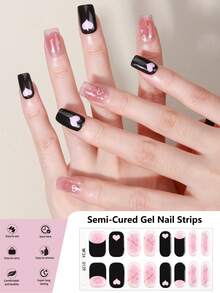 16 Stücke halb-aushärtende Gel-Nagelfolien (Mehrfarbig), süßer, cooler Stil mit schwarz-rosa Herzmuster Kristall Nagel Sticker, selbstklebende Vollwrap Nail Art, muss mit UV-Lampe verwendet werden, einfach anzuwenden und zu entfernen, geeignet für Frauen und Mädchen für tägliches Einkaufen und Dating DIY Nail Art Verwendung