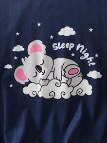 2 件女童睡衣套装，可爱考拉印花圆领长袖 T 恤上衣和休闲全印花长裤睡衣套装，秋季 - 寶藍色 - 查看 3