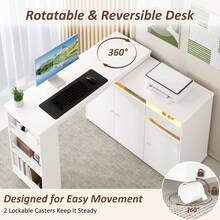 53" Rotating L-Shaped Computer Desk With Storage Cabinet, Drawer & Shelves, Modern Study Writing Table, Home Office Bedroom Workstation For Small Space - 白色 - 查看 4