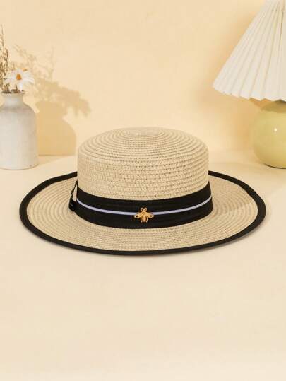 1件女士丝带蜜蜂户外太阳帽，百搭平顶帽，优雅英伦风小草帽，适合夏季旅行和购物。如果产品变形，可以用熨斗熨平。