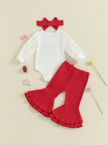 Conjunto de 3 piezas de mameluco de manga larga con bordado de fresas para niña, pantalones acampanados lisos y diadema con lazo. - Rojo - Ver 2