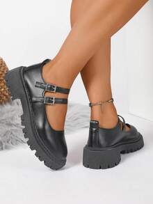 1 Paar Damen Schwarze Lederschuhe, modische vielseitige Ballerinas mit Doppelschnalle, weiche rutschfeste Sohle, passend zu Kleidern