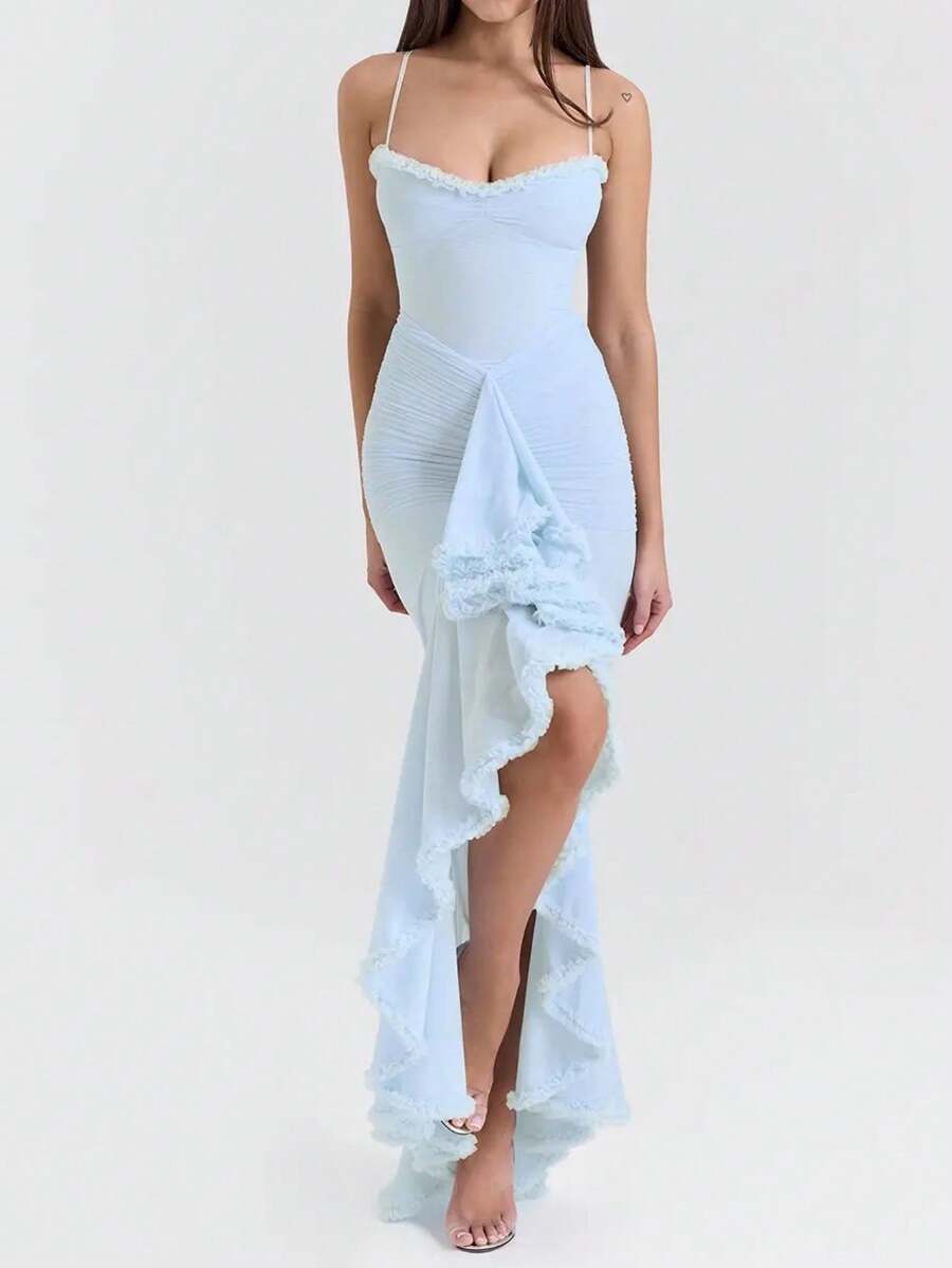 New Women's Style Elegant Spaghetti Strap Lace Long Dress, Sexy Spaghetti Strap Dress - 藍色 - 查看 1