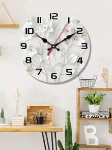 1 Pc 10 Inch/12 Inch Modern Silent Wall Clock, Elegant White Floral And Gold Leaf Design - Wood Finish, Large Numbers, Black Hands - Perfect For Living Room, Bedroom, Kitchen, Office Decor - Ideal Valentine's Day, New Year Or Birthday Gift Home Decor Room Decor - Multicolor - View 1