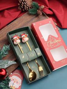 2pcs/Set Cute Christmas Spoon + Christmas Fork - Santa Claus Figurine Spoon + Fork Set - Cartoon Adorable Christmas Gift Set