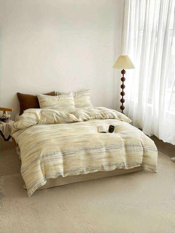 3pcs Thickened Polyester Simple Plaid Striped Print Bedding Set, Suitable For Boys, Girls, Dorm, Bedroom, Zipper Closure, All Season, Soft & Breathable (1 Duvet Cover, 2 Pillow Shams, No Filler)