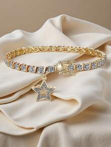 1-Piece 18K Gold-Plated Tennis Bracelet With Genuine Diamonds, Secure Closure, Gift Box Included, For Women - Star - View 7