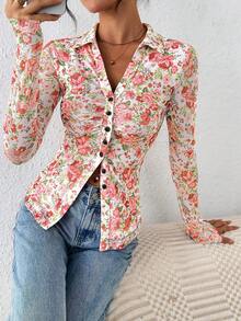 Women Button Down Floral Shirts  Fall Long Sleeve V Neck Ruched Fitted Mesh Blouse Tops Date Outfits Valentine's Day Vacation Fall Clothes For Women - Pink Flowers On White Background - View 4