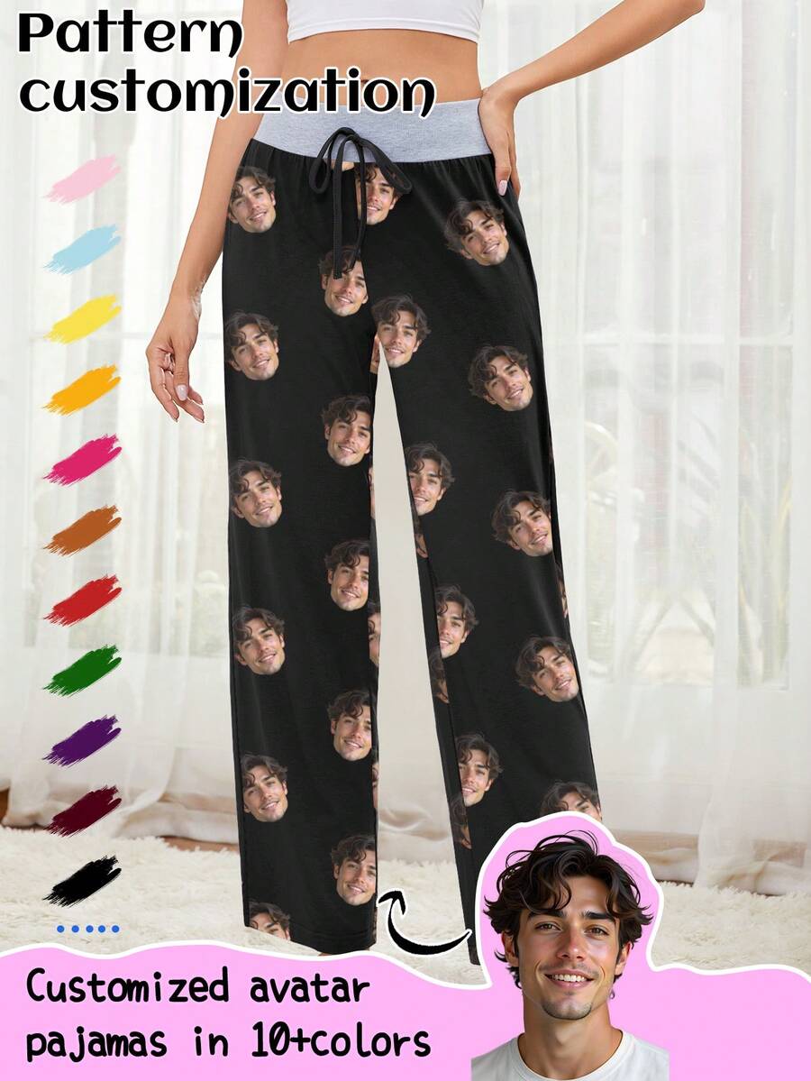 Printstory Customized Women's Pajama Pants With Unique Couple's Portrait, Couple Face Replacement, And Pet Face Replacement,New Year's Eve Outfit - 黑色 - 查看 1