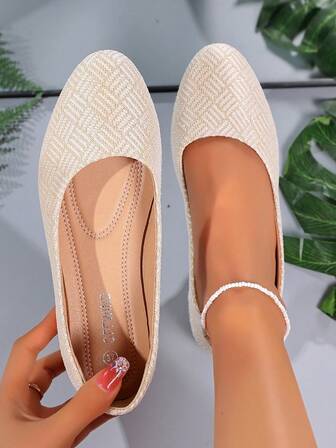 Women's Beige Ballet Flats, Woven Decorated Vamp, Comfortable Casual Slip-On Shoes, Princess & Commute Chic Flat Shoes