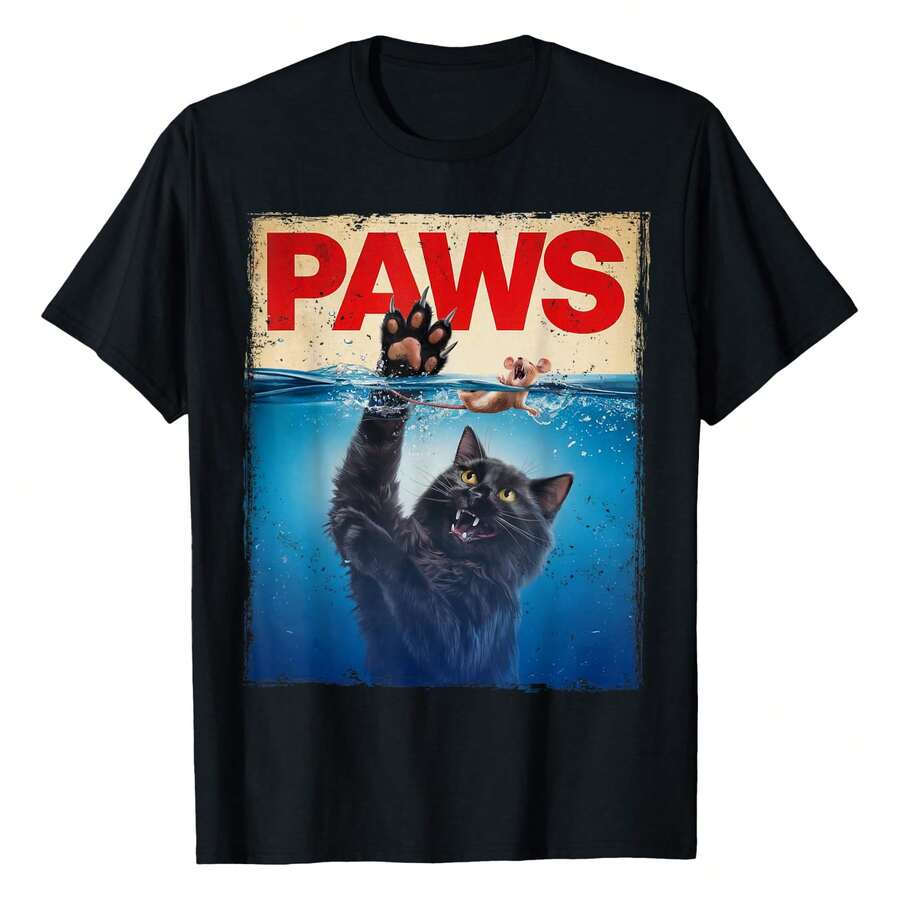 Paws Parody Black Cat Chasing A Cute Scared Mouse Top Kitten T-Shirt, Men's Halloween T-Shirt – Lightweight, Ultra-Comfy & Breathable: Great For Spooky Parties, Trick-Or-Treat & Daily Vibes | Halloween Essential! - 黑色 - 查看 1