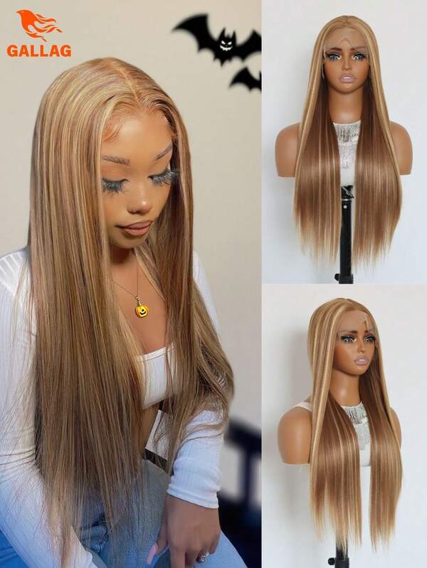 Highlight Ombre Wig 13x4 Lace Front Synthetic Wig Straight Hair Blonde Synthetic Lace Front Wig 24 Inch For Women Elegant Casual Heat-Resisting Party Daily Use