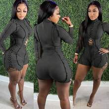 Women's Fashion Sexy Patchwork Solid Color Drawstring Long Sleeved Jumpsuit - Black - View 2