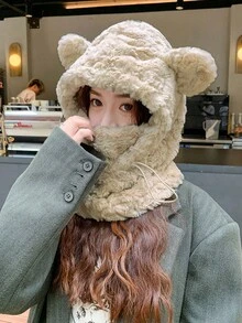 1 件装女士冬季耳罩帽，可爱毛茸茸的熊耳罩，厚口罩围巾套装，适合日常穿着、外出、聚会 - 彩色 - 查看 15