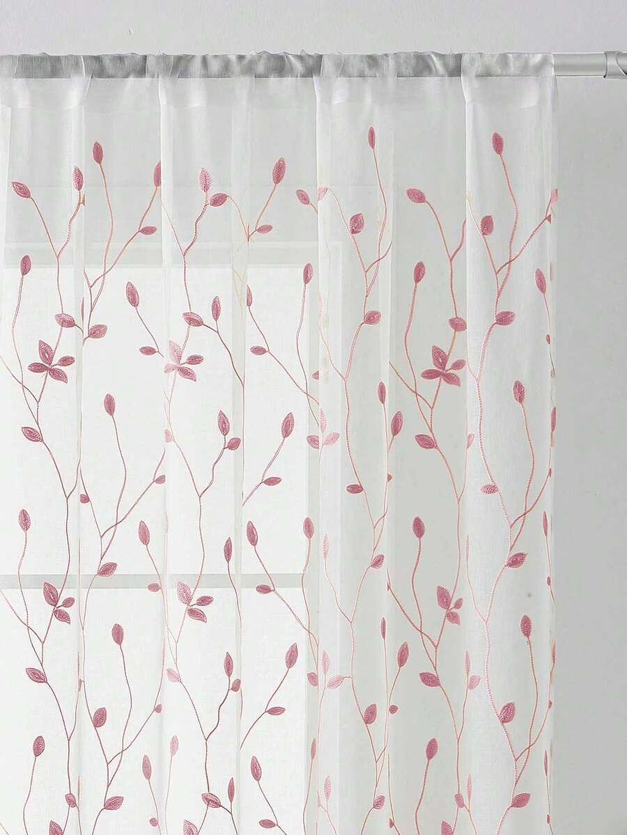 1 tấm rèm voan thêu, họa tiết hoa, thiết kế có khe luồn thanh treo, chống tia UV, thoáng khí, trong suốt, chất liệu polyester, không có lớp lót, thích hợp cho phòng khách, phòng ngủ, phòng ăn. - Hồng - Xem 1