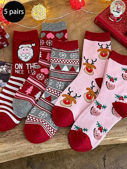 5 أزواج من جوارب نصف الساق للنساء بطبعات كرتونية لعيد الميلاد، دافئة وجميلة، جوارب صوفية جديدة للخريف/الشتاء
