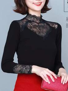 High Collar Lace Camisole, New Stylish And Fashionable Thin Layering Top For Mothers, Black, Spring/Autumn - Black - View 2