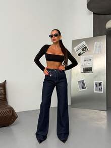 Dark Blue Denim Pants With Double Button Detail - Navy Blue - View 6