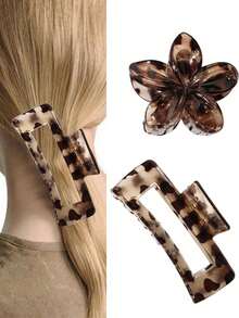 2 pezzi Set di fermagli per capelli quadrati trasparenti con stampa floreale leopardata, fermagli per capelli di alta qualità per coda di cavallo, frangia, festa, spiaggia, vacanza, performance, tè pomeridiano, regali per San Valentino, ritorno a scuola, Ringraziamento, compleanno, accessori per capelli autunnali, fermagli per capelli invernali