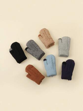 1 Pair Solid Color Thickened Warm Striped Windproof Lanyard Kids Gloves