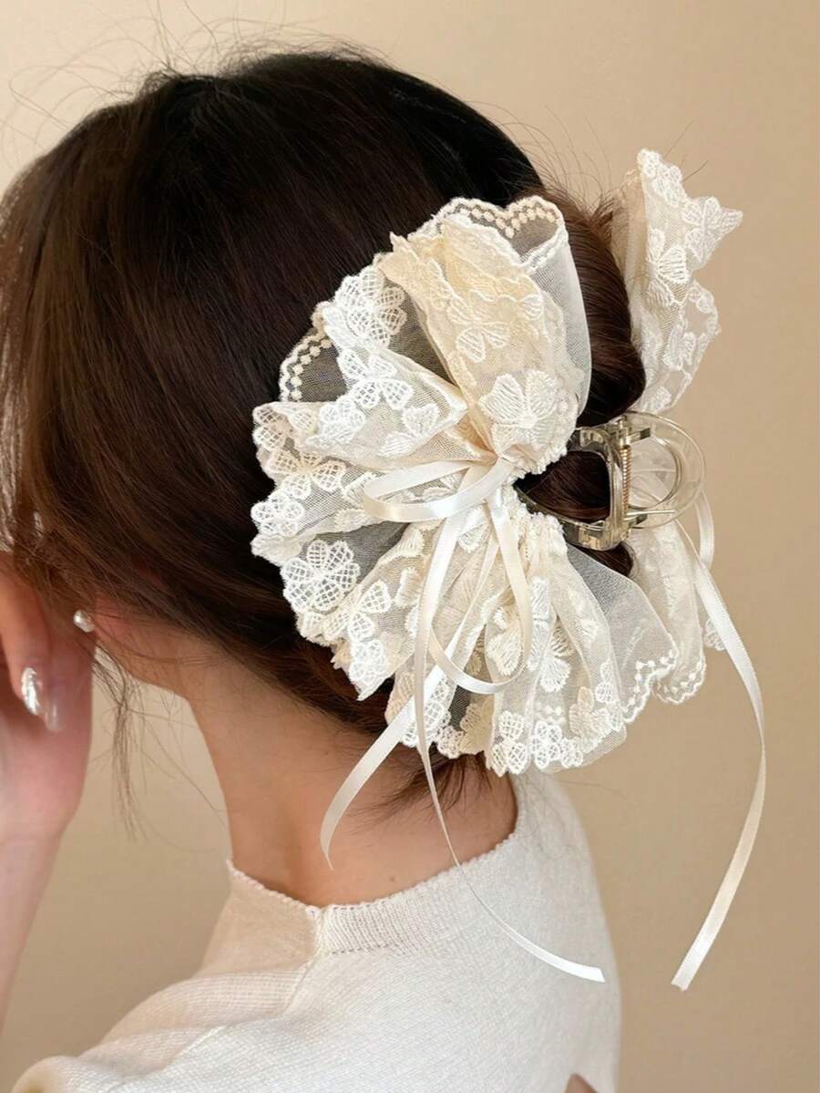 1件法式蕾絲蝴蝶結花朵裝飾甜美髮夾,適合日常佩戴的時尚髮飾髮夾髮抓 - 米色 - 查看 1