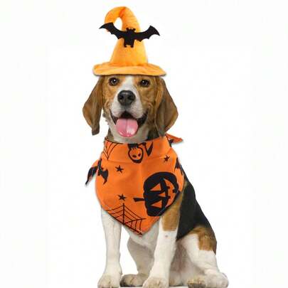 Cappello per cani di Halloween in 2 pezzi, divertente copricapo per animali domestici, copricapo da pipistrello regolabile, grazioso cappello da strega, adatto a cani e gatti, accessori per feste di Halloween per animali domestici, accessori per costumi (bavaglini triangolari + cappello)