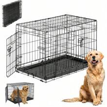 Jaula Plegable para Perros de 92cmX57cmX63cm con Doble Puerta, Incluye Bandeja Inferior Extraible, Caja/Transportadora de Hierro con Uniones Reforzadas, Ideal para Mascotas Grandes - 1 - Ver 1