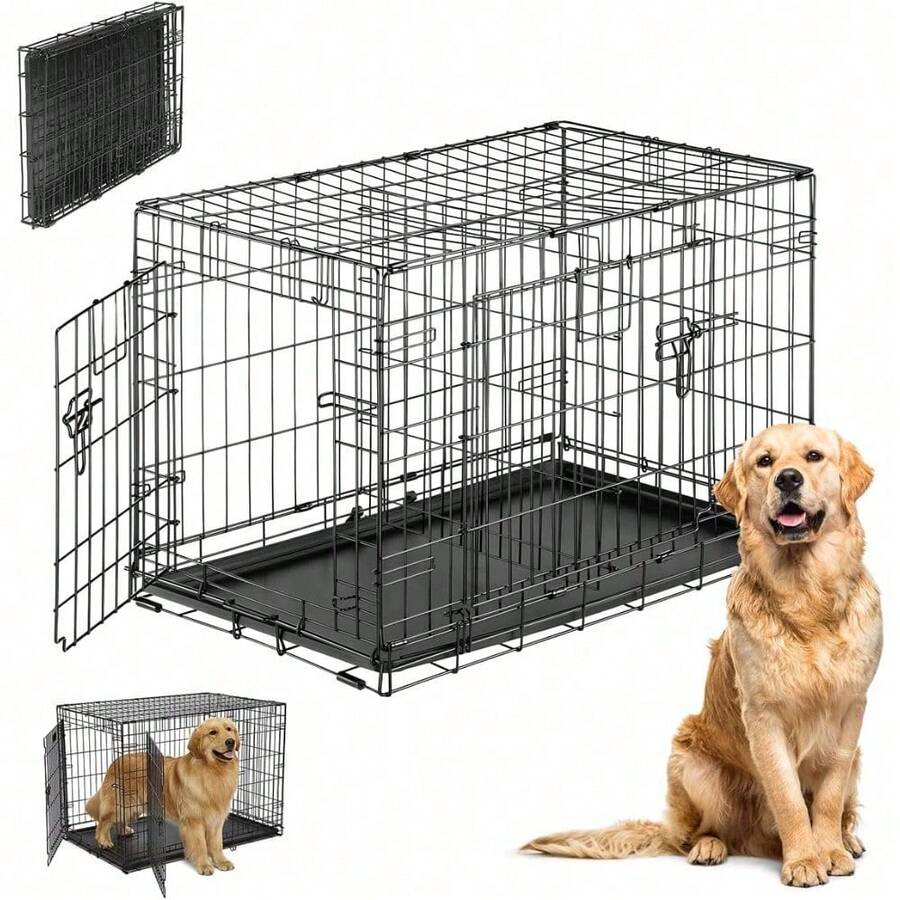 Jaula Plegable para Perros de 92cmX57cmX63cm con Doble Puerta, Incluye Bandeja Inferior Extraible, Caja/Transportadora de Hierro con Uniones Reforzadas, Ideal para Mascotas Grandes - 1 - Ver 1