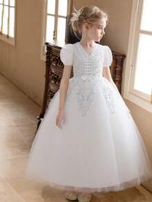 青少年女孩白色泡泡袖派对礼服，花童婚礼薄纱礼服 - 白色 - 查看 5