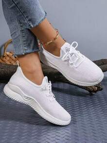 Women's Breathable Knit Slip- Shoes - Lightweight Low-Top Sneakers With Soft EVA/PVC Sole, All-Season Comfort For Walking, Jogging & Casual Wear - White, Ladies Sneakers, Round Toe Design, Cushioned Sole, Women - 白色 - 查看 2