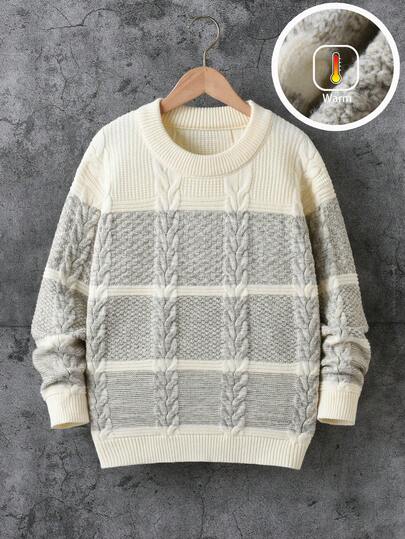 Tween Boys' Striped Thick Knit Pullover Sweater, Collegiate Style, Suitable For School, Casual Wear In Spring, Autumn, Winter