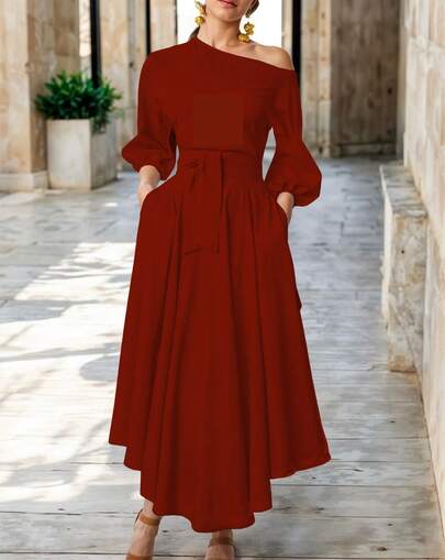 Vestido Largo Elegante Hombro Descubierto Manga Bombacha Con Cinturón Ajustable Casual Para Mujer