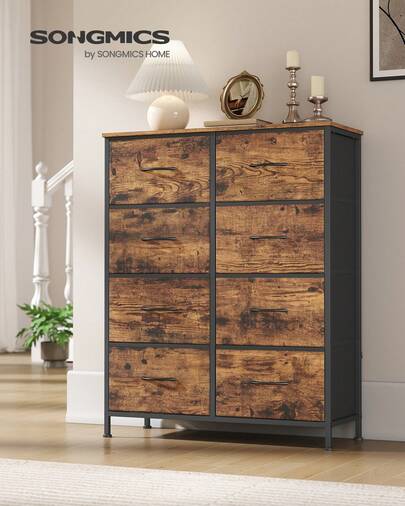 Chest Of Drawers, 8 Fabric Drawers Storage Unit, Steel, MDF, Non-Woven Fabric, For Bedroom, Closet, Hallway, Living Room, Rustic Brown And Ink Black LGS124BH04