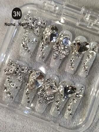 1 paquete/10 piezas Uñas postizas brillantes con cristales de estilo elegante, hechas a mano de forma pura y reutilizables, con 1 pieza de pegamento de gelatina y 1 pieza de lima como suministros para uñas