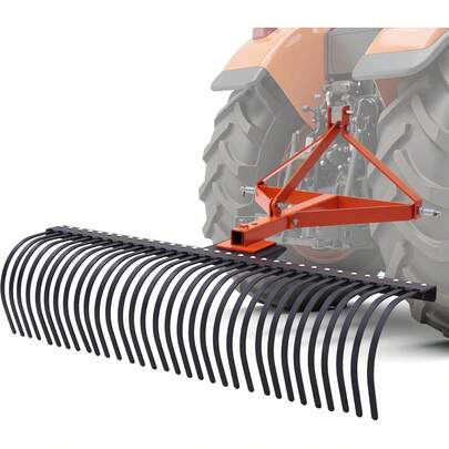 3-Point Tow-Behind Landscape Rake With Adjustable Angle, Steel Tines, Lawn Dethatcher For Field, Pasture, And Yard Cleanup